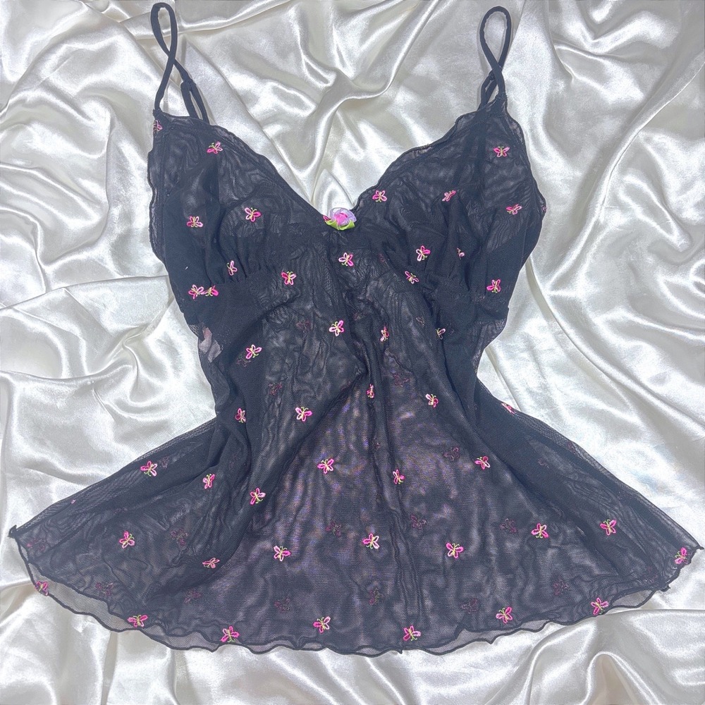 Vintage Victoria's Secret Babydoll Top Black Excellent Embroidered Butterfly L